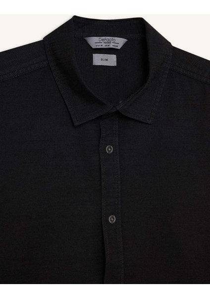 Slim Fit Dar Kesim Pamuklu Basic Düz Uzun Kollu Siyah Gömlek A4644AX25SP