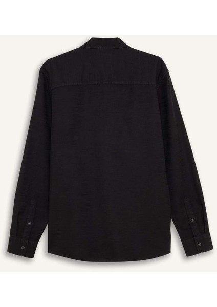 Slim Fit Dar Kesim Pamuklu Basic Düz Uzun Kollu Siyah Gömlek A4644AX25SP