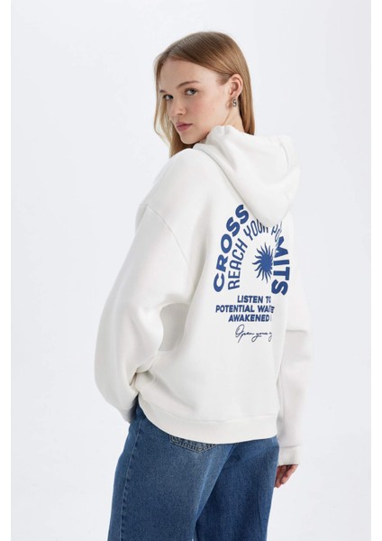 Oversize Geniş Kalıp Kapüşonlu Sırt Baskılı Kalın Beyaz Sweatshirt D6878AX24WN