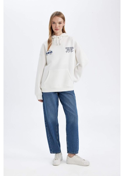 Oversize Geniş Kalıp Kapüşonlu Sırt Baskılı Kalın Beyaz Sweatshirt D6878AX24WN