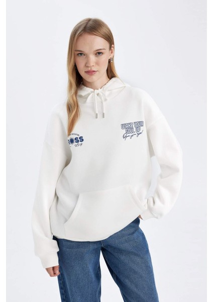 Oversize Geniş Kalıp Kapüşonlu Sırt Baskılı Kalın Beyaz Sweatshirt D6878AX24WN