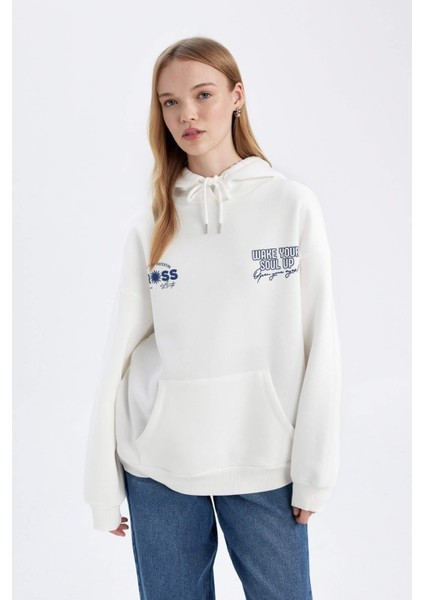 Oversize Geniş Kalıp Kapüşonlu Sırt Baskılı Kalın Beyaz Sweatshirt D6878AX24WN