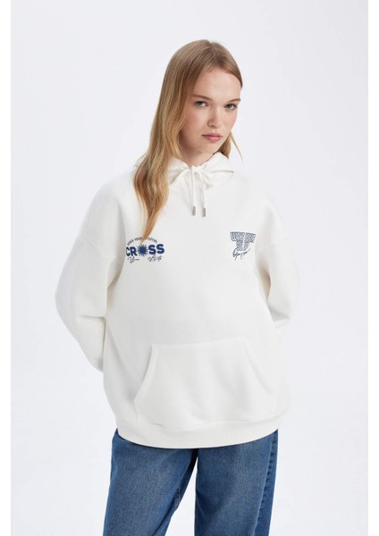 Oversize Geniş Kalıp Kapüşonlu Sırt Baskılı Kalın Beyaz Sweatshirt D6878AX24WN