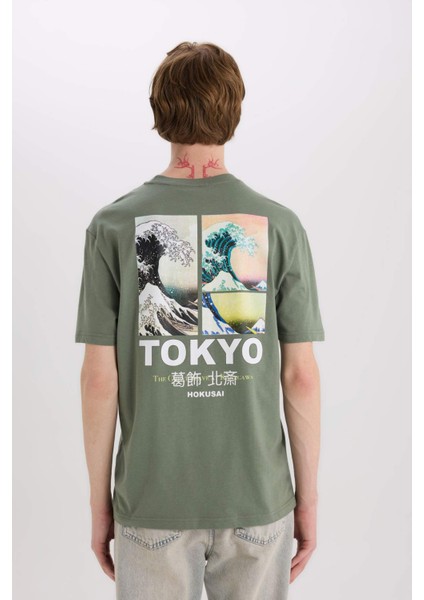 %100 Pamuk Art Hokusai Regular Fit Bisiklet Yaka Sırt Baskılı Kısa Kollu Tişört D6914AX25SP