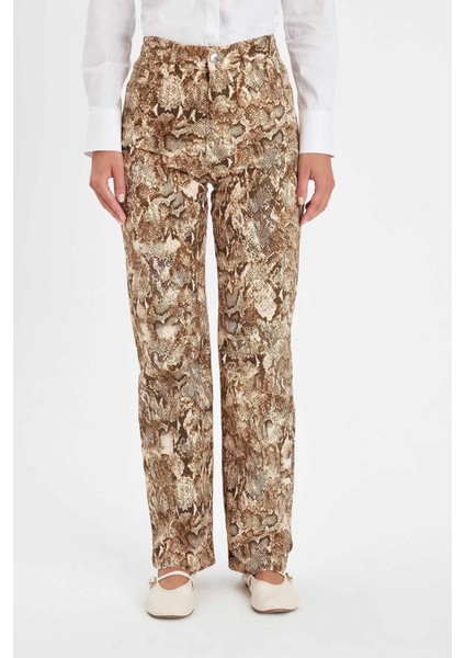 Straight Fit Gabardin Palazzo Pantolon Yılan Derisi Desenli Yüksek Bel Cepli Uzun D1229AX24AU