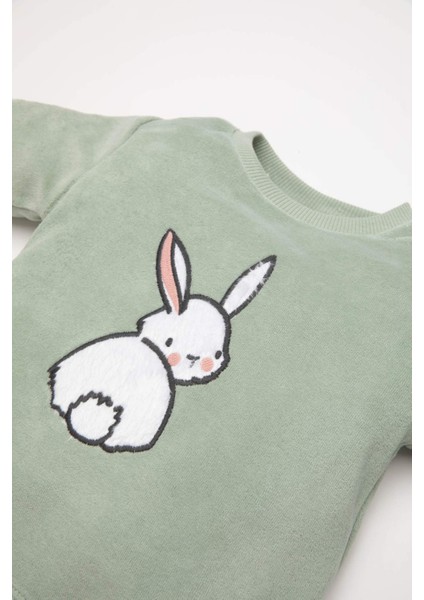 Kız Bebek Pijama Takımı Tavşan Baskılı Velur Uzun Kollu Üst Beli Lastikli Uzun Alt D5381A524WN
