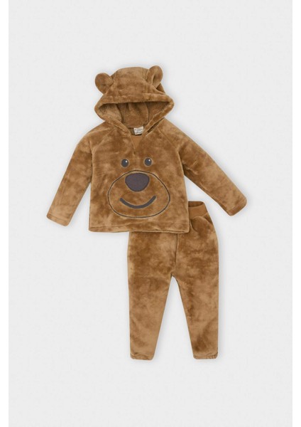 Erkek Bebek 2'li Takım Ayıcık Nakışlı Pelüş Kapüşonlu Sweatshirt Beli Lastikli Alt B3180A524WN