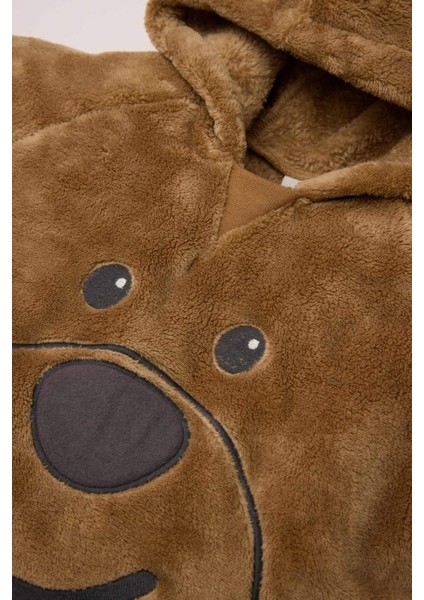 Erkek Bebek 2'li Takım Ayıcık Nakışlı Pelüş Kapüşonlu Sweatshirt Beli Lastikli Alt B3180A524WN