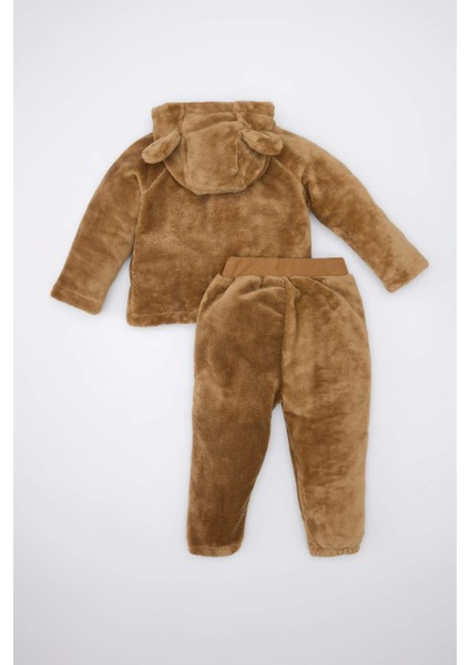 Erkek Bebek 2'li Takım Ayıcık Nakışlı Pelüş Kapüşonlu Sweatshirt Beli Lastikli Alt B3180A524WN
