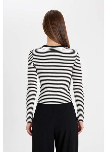 Slim Fit Dar Kesim Bisiklet Yaka Yarım Fermuarlı Çizgili Fitilli Kaşkorse Uzun Kollu Tişört D6104AX24AU