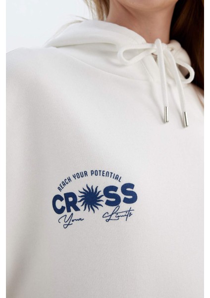 Oversize Geniş Kalıp Kapüşonlu Sırt Baskılı Kalın Beyaz Sweatshirt D6878AX24WN