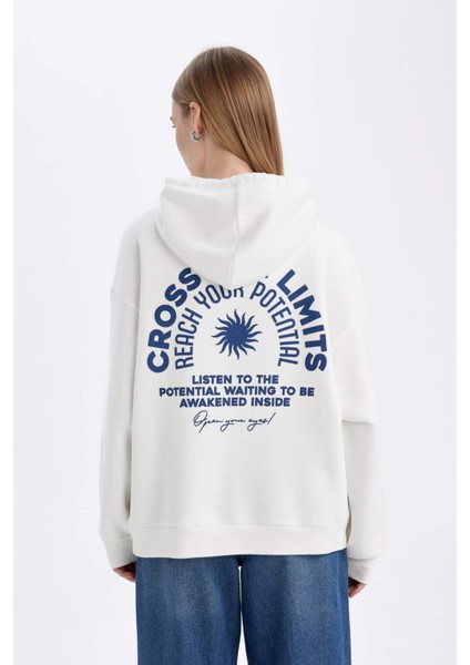 Oversize Geniş Kalıp Kapüşonlu Sırt Baskılı Kalın Beyaz Sweatshirt D6878AX24WN