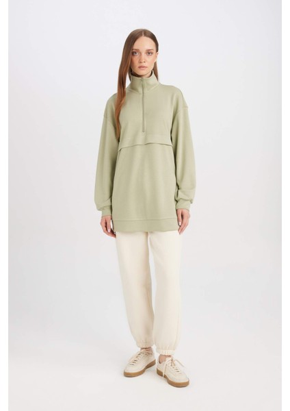 Yarım Fermuarlı Dik Yaka Basic Düz Sweatshirt Tunik D1615AX24AU