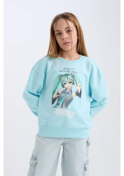 Kız Çocuk Hatsune Miku Oversize Geniş Kalıp Bisiklet Yaka Sweatshirt D2826A824WN