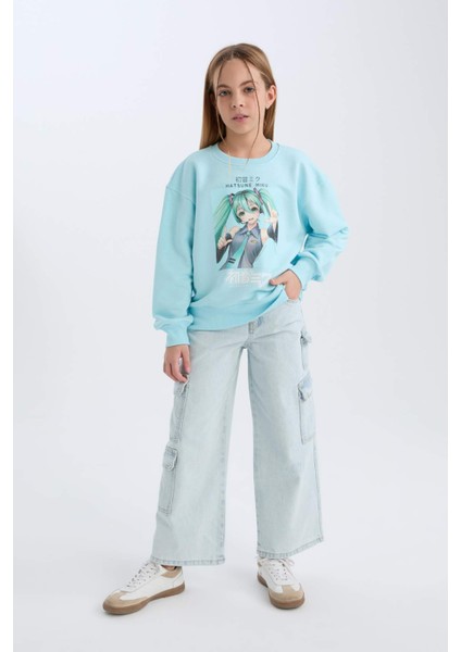 Kız Çocuk Hatsune Miku Oversize Geniş Kalıp Bisiklet Yaka Sweatshirt D2826A824WN