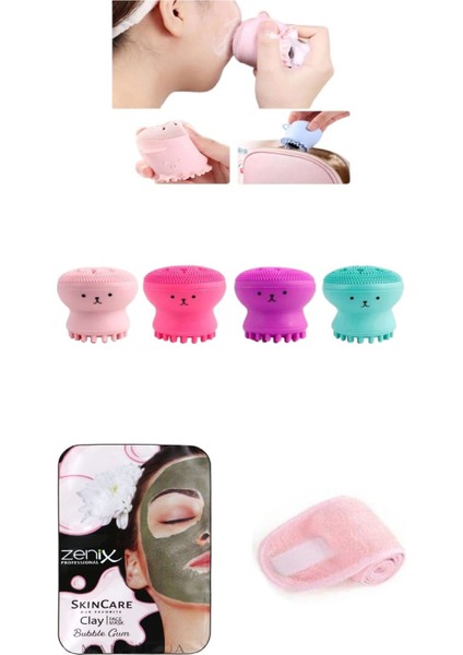 3'lü Silikon Mini Surat Figürlü Yüz Temizleme Fırçası ve Maske Çırtlı Saç Bandı
