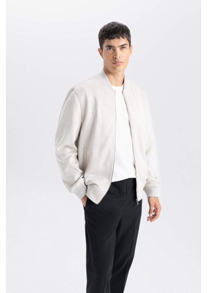 Slim Fit Dar Kesim Süet Kolej Yaka Fermuarlı Çift Cepli Mevsimlik Baharlık Bomber Mont Ceket A3866AX25SP