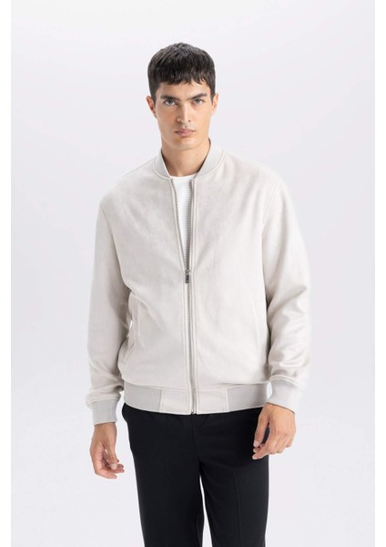 Slim Fit Dar Kesim Süet Kolej Yaka Fermuarlı Çift Cepli Mevsimlik Baharlık Bomber Mont Ceket A3866AX25SP