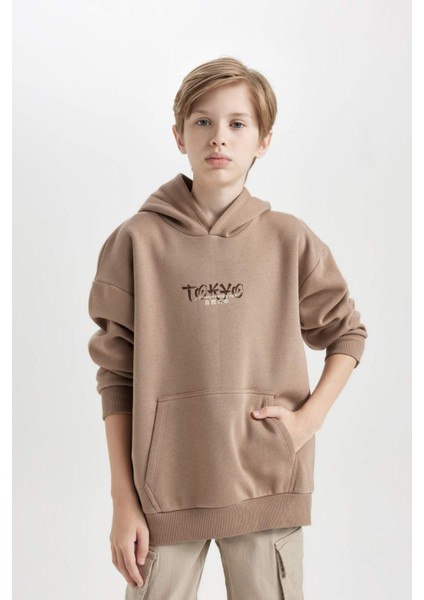 Erkek Çocuk Oversize Geniş Kalıp Sırt Baskılı Kapüşonlu Sweatshirt D5681A824WN