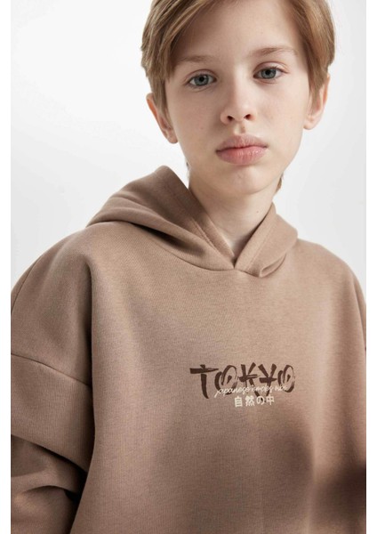 Erkek Çocuk Oversize Geniş Kalıp Sırt Baskılı Kapüşonlu Sweatshirt D5681A824WN
