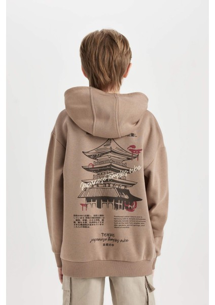 Erkek Çocuk Oversize Geniş Kalıp Sırt Baskılı Kapüşonlu Sweatshirt D5681A824WN