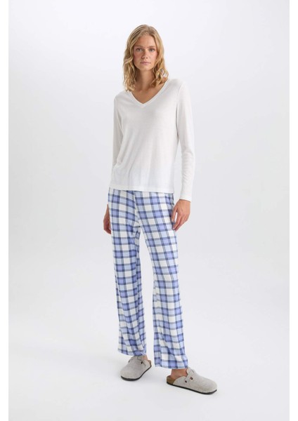 Pijama Takımı V Yaka Uzun Kollu Basic Düz Üst Kareli Beli Lastikli Alt-Fall in Love C5438AX24AU