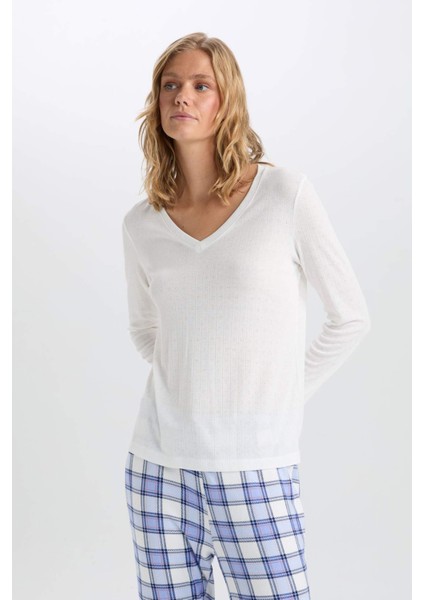 Pijama Takımı V Yaka Uzun Kollu Basic Düz Üst Kareli Beli Lastikli Alt-Fall in Love C5438AX24AU