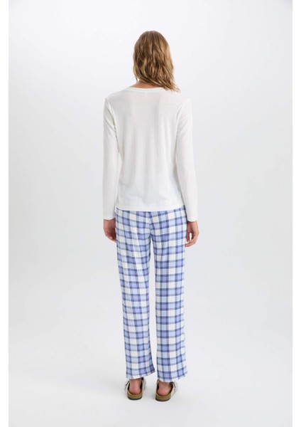 Pijama Takımı V Yaka Uzun Kollu Basic Düz Üst Kareli Beli Lastikli Alt-Fall in Love C5438AX24AU