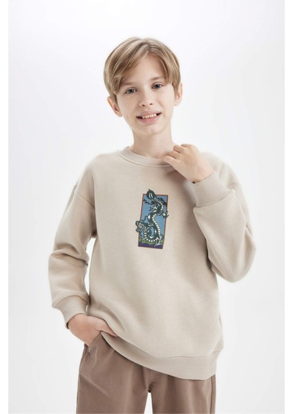 Erkek Çocuk Oversize Geniş Kalıp Bisiklet Yaka Baskılı Sweatshirt D5678A824WN