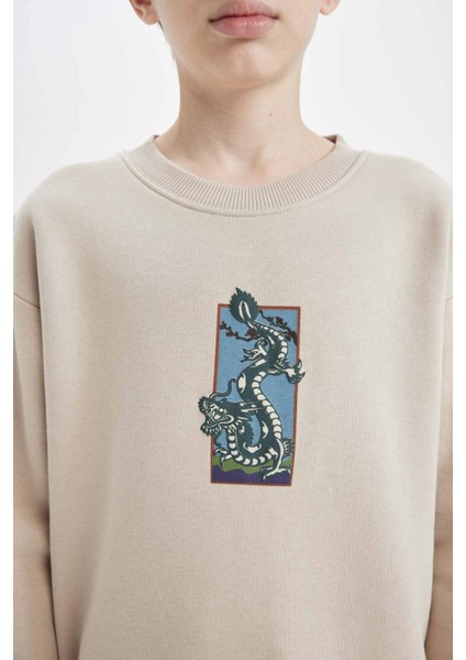 Erkek Çocuk Oversize Geniş Kalıp Bisiklet Yaka Baskılı Sweatshirt D5678A824WN