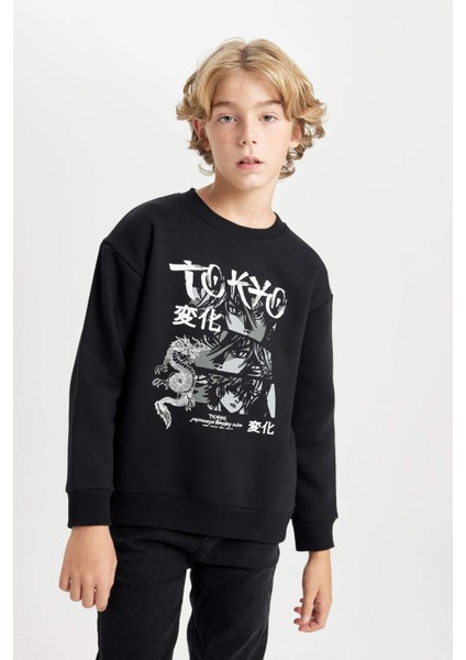 Erkek Çocuk Siyah Oversize Geniş Kalıp Bisiklet Yaka Baskılı Sweatshirt D5680A824WN
