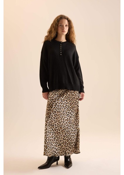 Straight Fit Normal Bel Leopar Desenli Saten Maxi Etek D6886AXNS