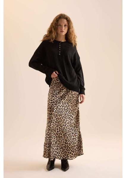 Straight Fit Normal Bel Leopar Desenli Saten Maxi Etek D6886AXNS