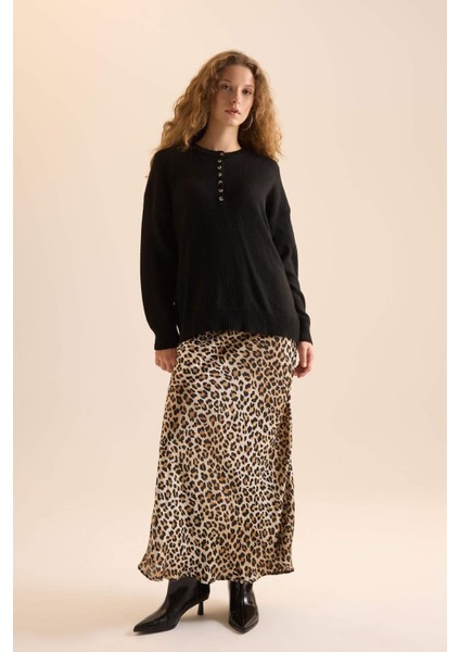Straight Fit Normal Bel Leopar Desenli Saten Maxi Etek D6886AXNS