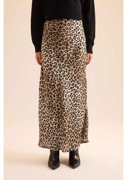 Straight Fit Normal Bel Leopar Desenli Saten Maxi Etek D6886AXNS