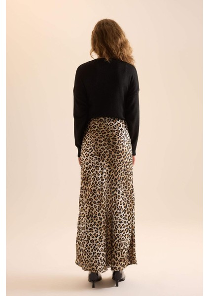 Straight Fit Normal Bel Leopar Desenli Saten Maxi Etek D6886AXNS