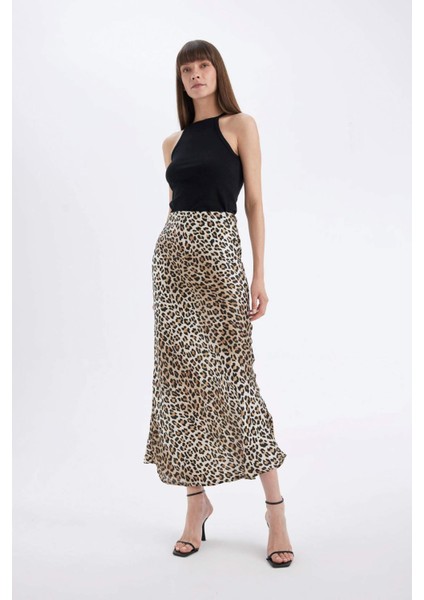 Straight Fit Normal Bel Leopar Desenli Saten Maxi Etek D6886AXNS