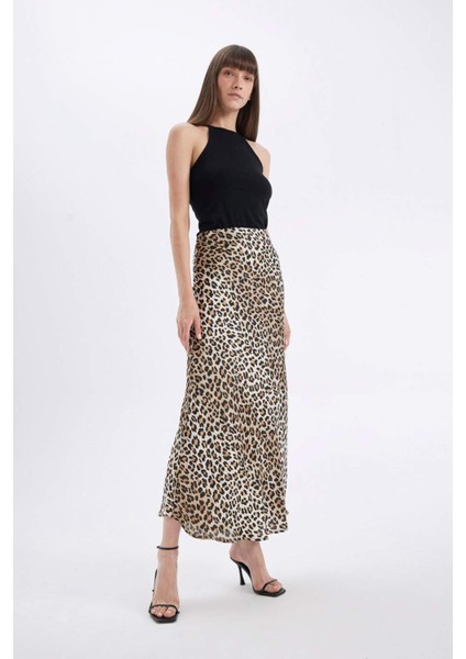 Straight Fit Normal Bel Leopar Desenli Saten Maxi Etek D6886AXNS