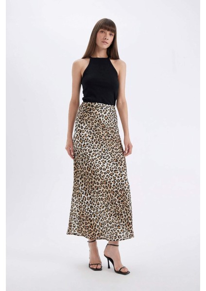 Straight Fit Normal Bel Leopar Desenli Saten Maxi Etek D6886AXNS