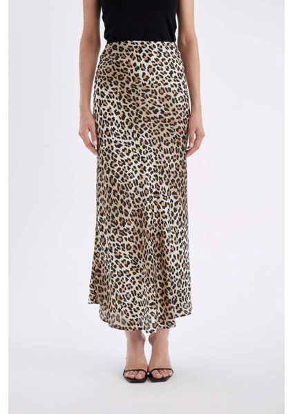 Straight Fit Normal Bel Leopar Desenli Saten Maxi Etek D6886AXNS