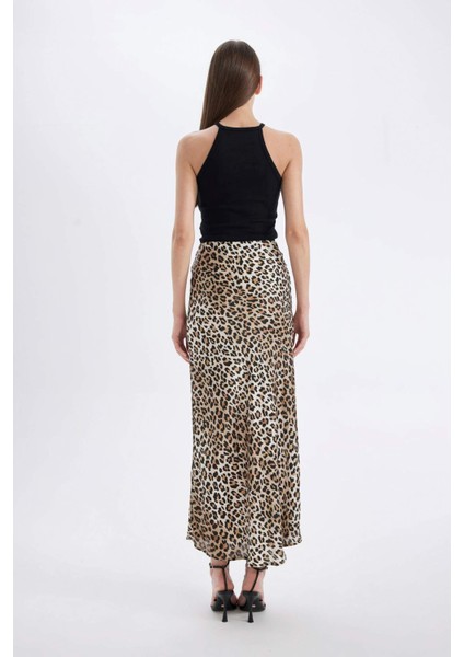 Straight Fit Normal Bel Leopar Desenli Saten Maxi Etek D6886AXNS
