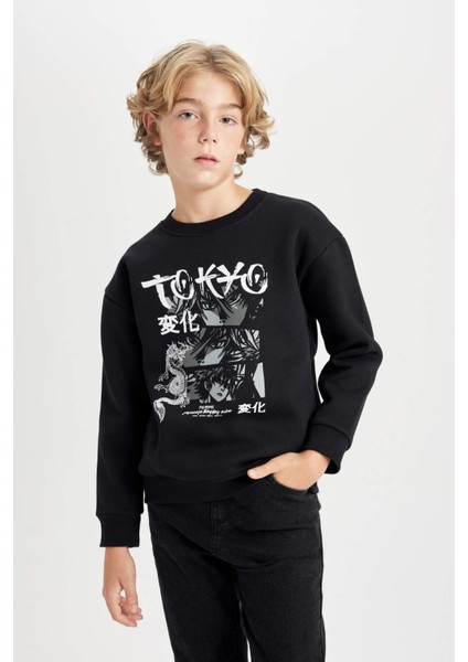 Erkek Çocuk Siyah Oversize Geniş Kalıp Bisiklet Yaka Baskılı Sweatshirt D5680A824WN