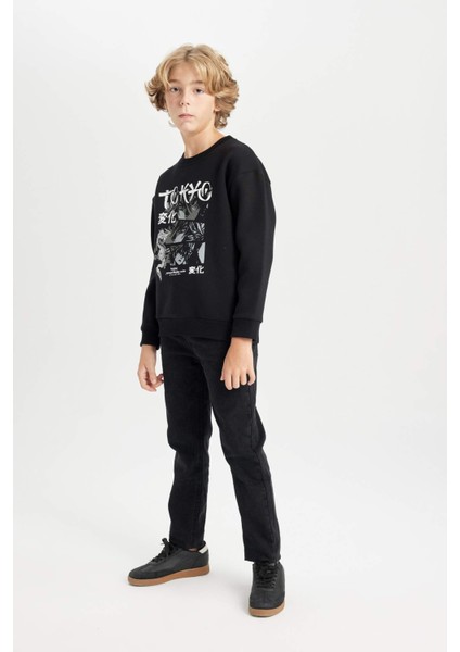 Erkek Çocuk Siyah Oversize Geniş Kalıp Bisiklet Yaka Baskılı Sweatshirt D5680A824WN