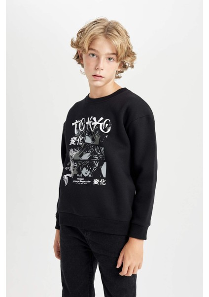 Erkek Çocuk Siyah Oversize Geniş Kalıp Bisiklet Yaka Baskılı Sweatshirt D5680A824WN