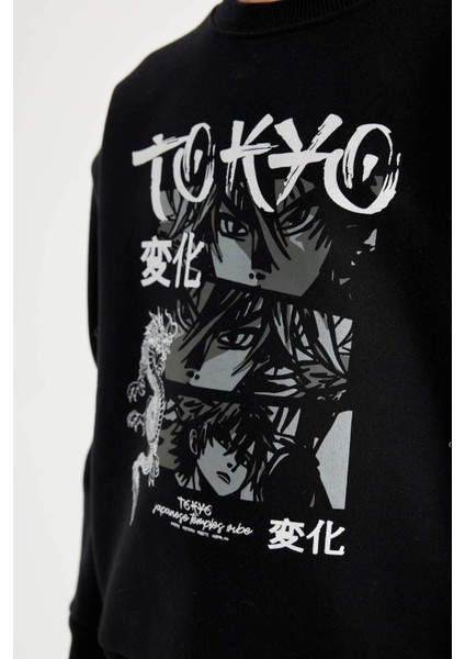 Erkek Çocuk Siyah Oversize Geniş Kalıp Bisiklet Yaka Baskılı Sweatshirt D5680A824WN