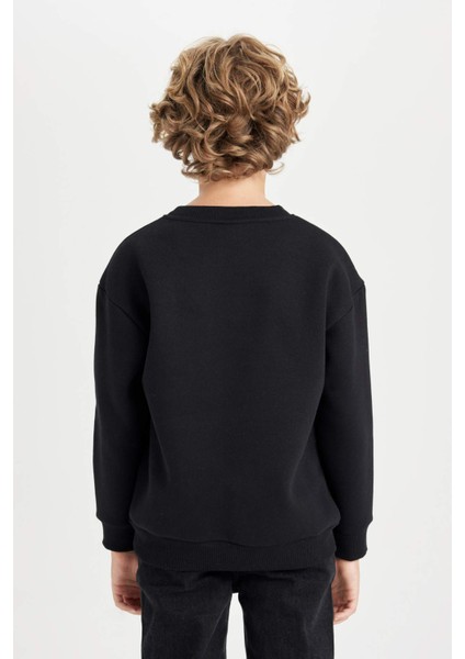 Erkek Çocuk Siyah Oversize Geniş Kalıp Bisiklet Yaka Baskılı Sweatshirt D5680A824WN