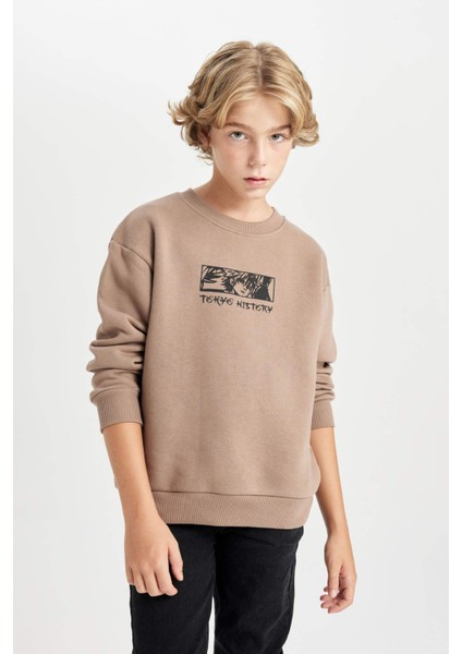 Erkek Çocuk Oversize Geniş Kalıp Sırt Baskılı Bisiklet Yaka Sweatshirt D5682A824WN