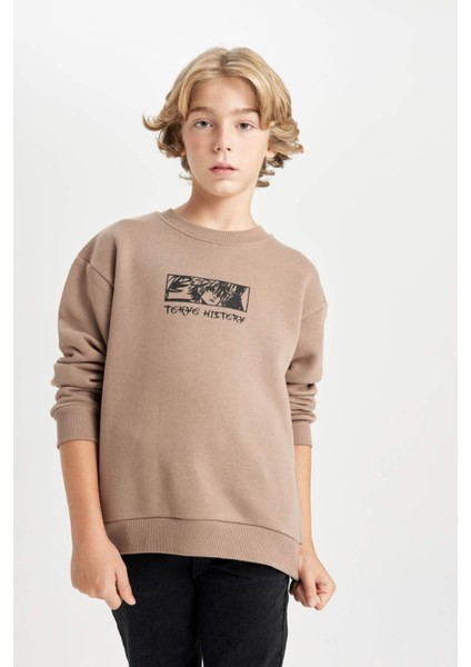 Erkek Çocuk Oversize Geniş Kalıp Sırt Baskılı Bisiklet Yaka Sweatshirt D5682A824WN