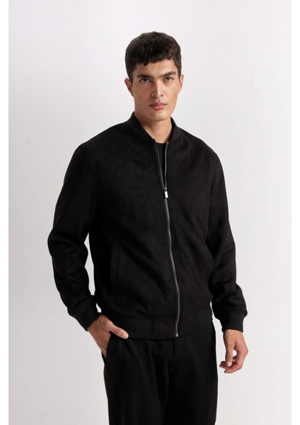 Slim Fit Dar Kesim Süet Kolej Yaka Fermuarlı Çift Cepli Mevsimlik Baharlık Bomber Mont Ceket A3866AX25SP