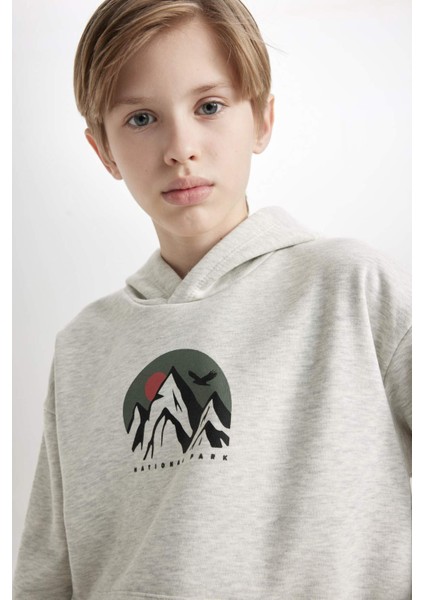 Erkek Çocuk Oversize Geniş Kalıp Baskılı Kapüşonlu Sweatshirt D5387A824WN
